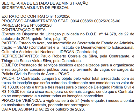 Concurso PC AC: extrato de contrato