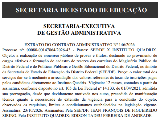 Concurso SEDF: banca Quadrix é oficializada em contrato
