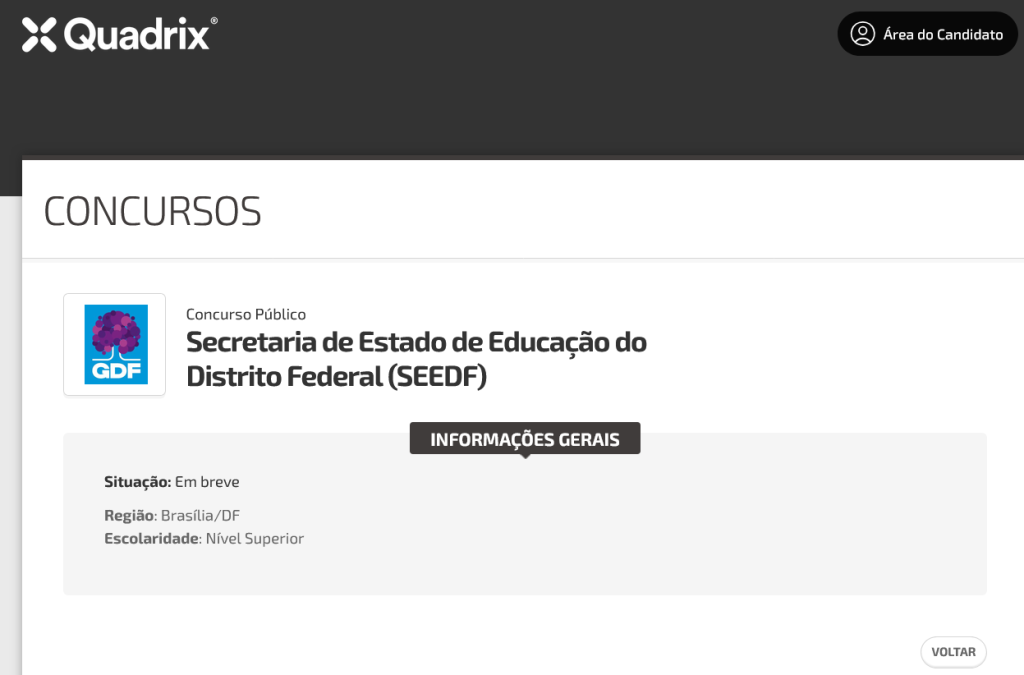 Página do Concurso SEDF criada no site da banca Instituto Quadrix